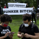 Demonstrators stage a protest near the Saint John Paul II National Shrine, where President Donald Trump planned a visit, in response to the death of George Floyd while under police custody June 2, 2020, in Washington, D.C.